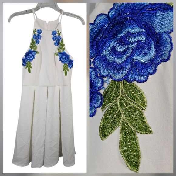 B Darlin White Dress Blue Rose Embroidery Pleated Sleeveless Party Summer Formal - Picture 1 of 12
